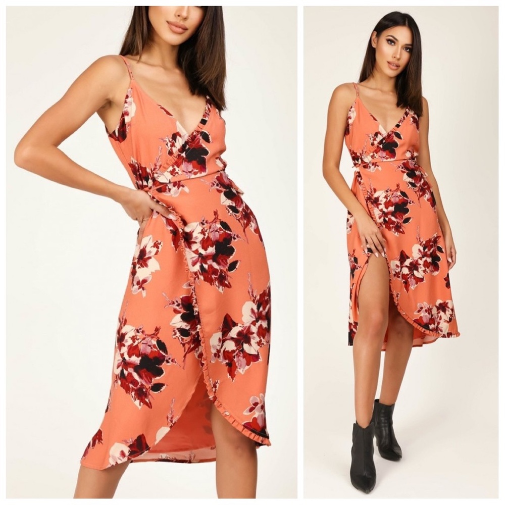 Orange floral wrap dress